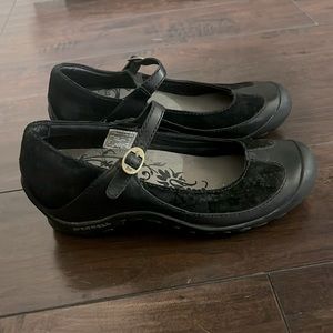 Merrell plaza black leather/suede mary jane treaded low wedge shoe sz 6.5